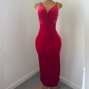 Red V-Neck Velvet Maxi Dress